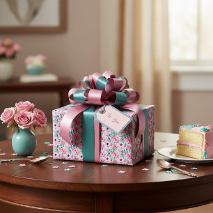 Watercolor pink and green floral pattern wrapping paper