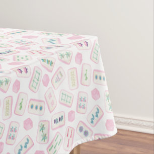 Watercolor Pink and Green Mahjong Tiles & Dice Tablecloth