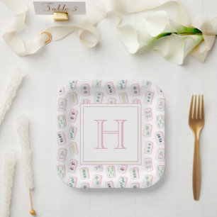 Watercolor Pink and Green Mahjong Tiles Monogram Paper Plate
