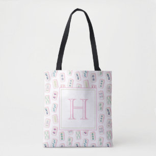 Watercolor Pink and Green Mahjong Tiles Monogram Tote Bag