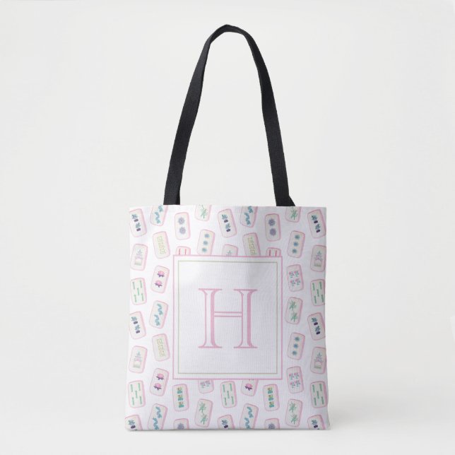 Watercolor Pink and Green Mahjong Tiles Monogram Tote Bag (Front)
