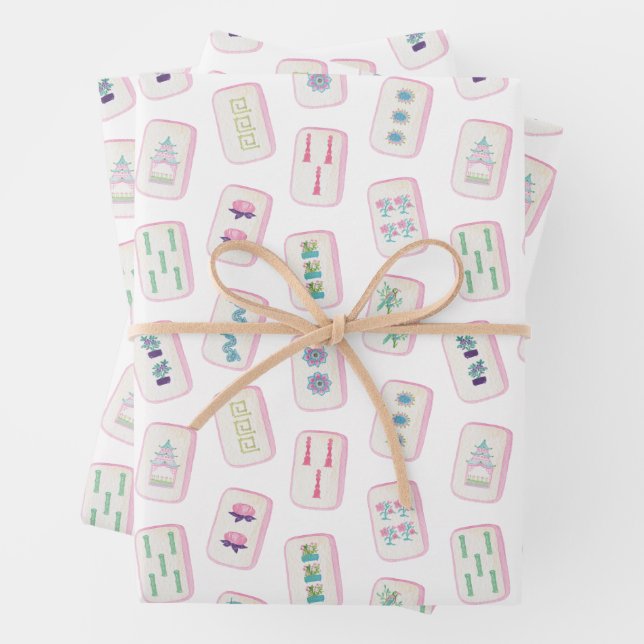 Watercolor Pink and Green Mahjong Tiles Wrapping Paper Sheet (In situ)