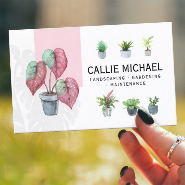 Watercolor Pink and Green Potted Plant  Business Card (#WatercolorGreenery #plant lovers #Nursery #cactuspottedplants #kawaiiplants #BohoWatercolor #modern)
