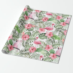 Watercolor Pink and Green Tropical Pattern Wrapping Paper