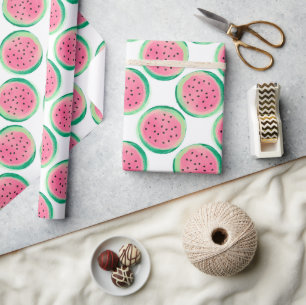 Watercolor Pink and Green Watermelon Pattern Wrapping Paper