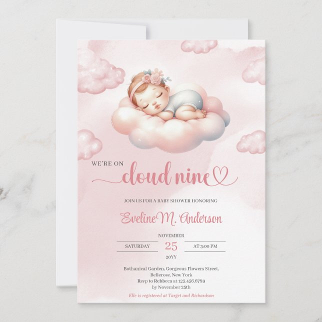 Watercolor pink and ivory cloud nine girl invitation (Front)