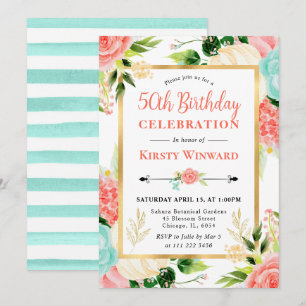 Watercolor Pink and Mint Flowers 50th Birthday Invitation