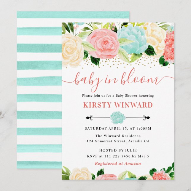 Watercolor Pink and Mint Flowers Baby Shower Invitation (Front/Back)
