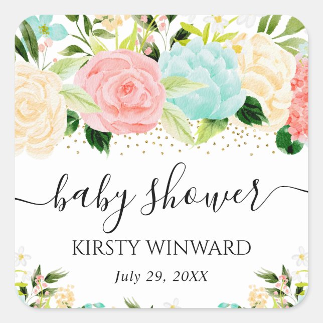Watercolor Pink and Mint Flowers Baby Shower Square Sticker (Front)