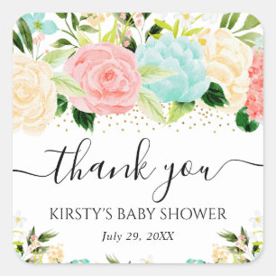 Watercolor Pink and Mint Flowers Baby Shower Square Sticker