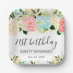 Watercolor Pink and Mint Flowers Birthday Paper Plate