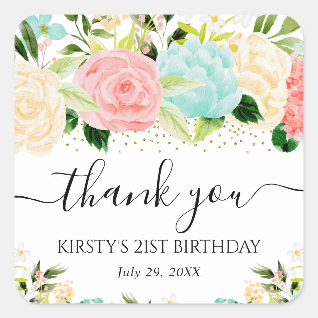 Watercolor Pink and Mint Flowers Birthday Party Square Sticker (Front)