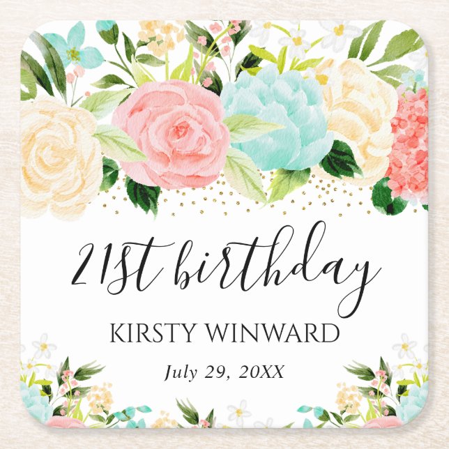 Watercolor Pink and Mint Flowers Birthday Square Paper Coaster (Front)