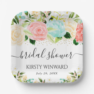 Watercolor Pink and Mint Flowers Bridal Shower Paper Plate