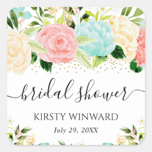 Watercolor Pink and Mint Flowers Bridal Shower Square Sticker