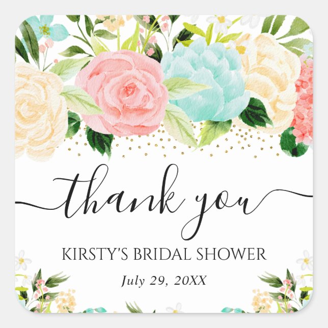 Watercolor Pink and Mint Flowers Bridal Shower Square Sticker (Front)