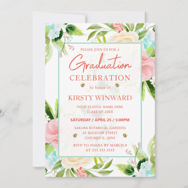 Watercolor Pink and Mint Flowers Graduation Invitation (Front)