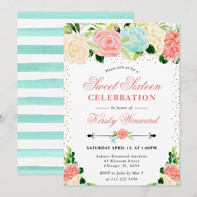Watercolor Pink and Mint Flowers Sweet 16 Invitation (Front/Back)