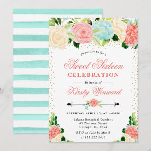 Watercolor Pink and Mint Flowers Sweet 16 Invitation