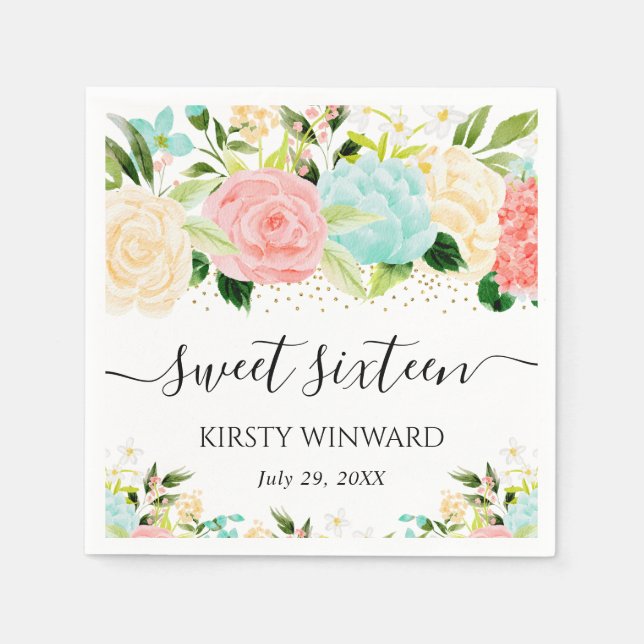 Watercolor Pink and Mint Flowers Sweet Sixteen Napkin (Front)