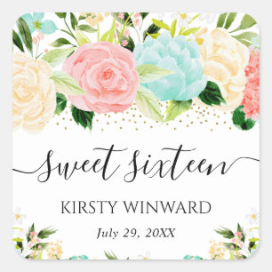 Watercolor Pink and Mint Flowers Sweet Sixteen Square Sticker