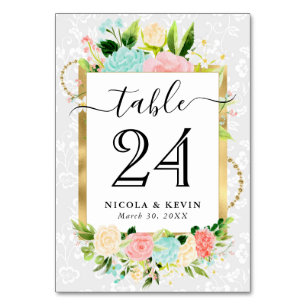 Watercolor Pink and Mint Flowers Wedding Table Number