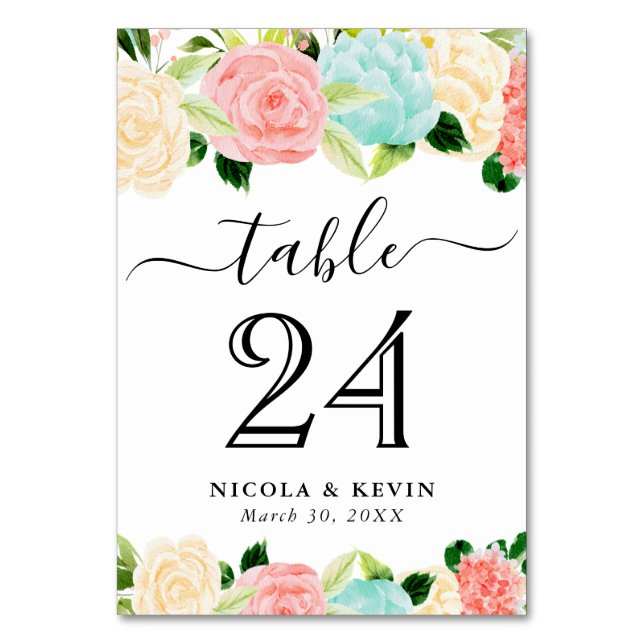 Watercolor Pink and Mint Flowers Wedding Table Number (Front)