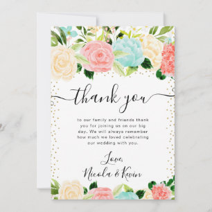 Watercolor Pink and Mint Flowers Wedding Thank You Card