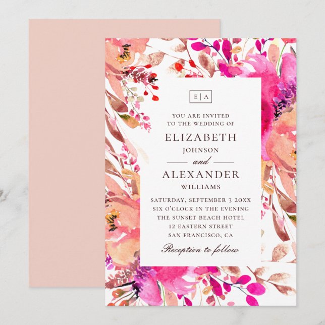 Watercolor pink and peach floral garden wedding invitation (Front/Back)