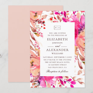 Watercolor pink and peach floral garden wedding invitation