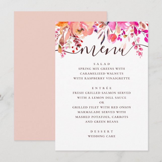 Watercolor pink and peach floral garden wedding menu (Front/Back)
