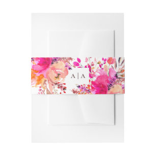 Watercolor pink and peach floral wedding monograms invitation belly band