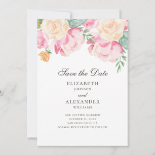 Watercolor pink and peach flowers. Floral wedding Save The Date