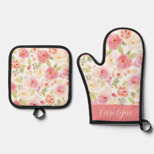 Watercolor Pink and Peach Flowers Personalized Oven Mitt & Pot Holder Set
