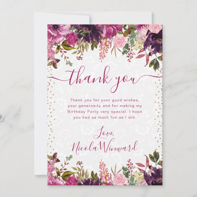 Watercolor Pink and Purple Flowers Birthday Thank You Card (Front)