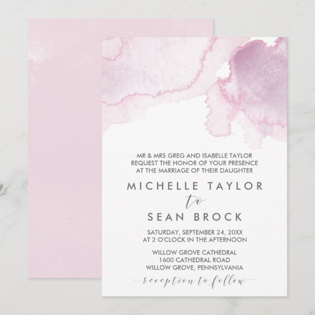 Watercolor | Pink and Purple Formal Wedding Invitation (Front/Back)