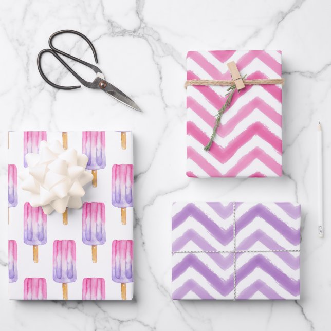 Watercolor Pink and Purple Popsicle Chevron Wrapping Paper Sheet (Front)
