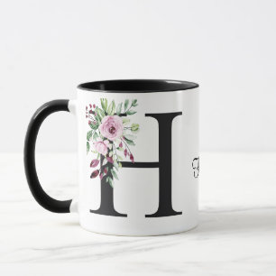 "Watercolor Pink and Purple Roses Initial 'H' Mug