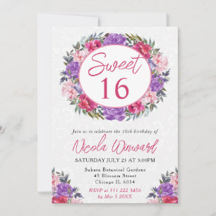 Watercolor Pink and Purple Summer Wreath Sweet 16 Invitation