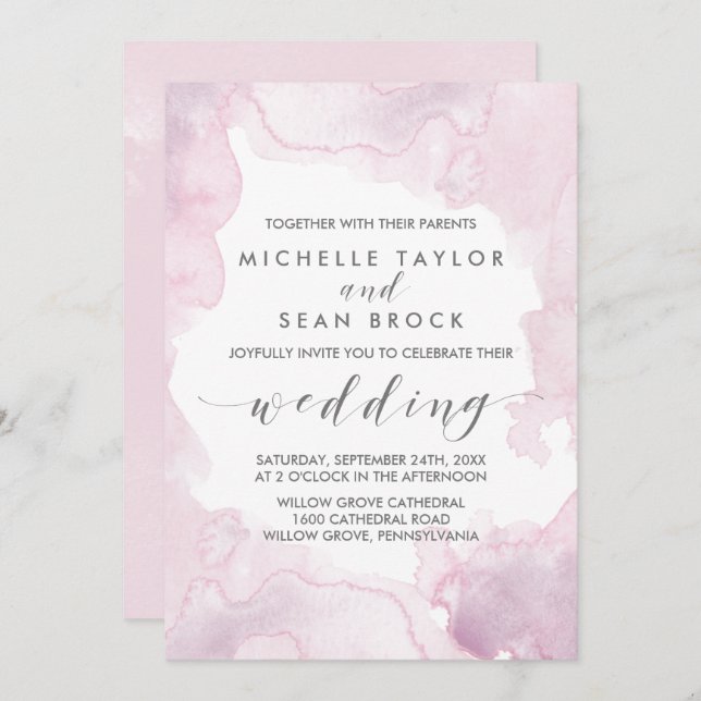 Watercolor | Pink and Purple Wedding Invitation (Front/Back)