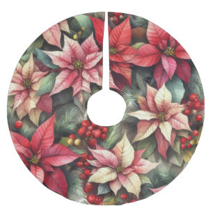 Watercolor Pink and Red Poinsettia Brushed Polyester Tree Skirt