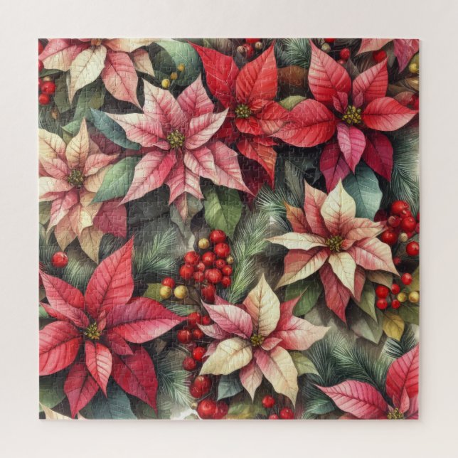 Watercolor Pink and Red Poinsettia Jigsaw Puzzle (Vertical)