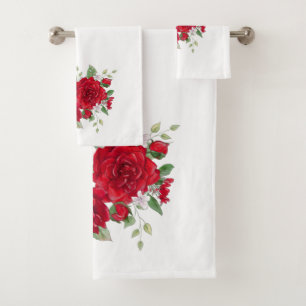 Watercolor Pink and Red Roses On White Bath Towel