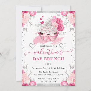 Watercolor Pink and Silver Cupcake Valentine's Invitation