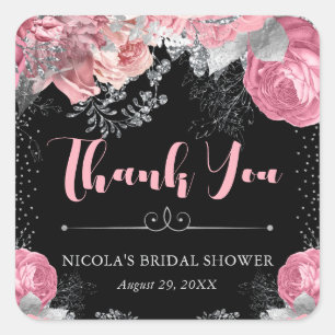 Watercolor Pink and Silver Flowers Bridal Shower Square Sticker