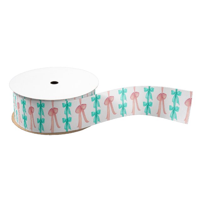 Watercolor Pink and Turquoise Coquette Bows Grosgrain Ribbon (Spool)