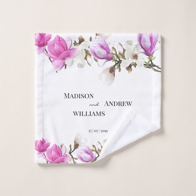 Watercolor Pink and White Magnolia Blossom Bath Towel Set (Wash Cloth)