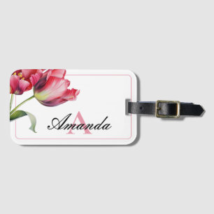 Watercolor Pink and White Monogramed Tulip Luggage Tag