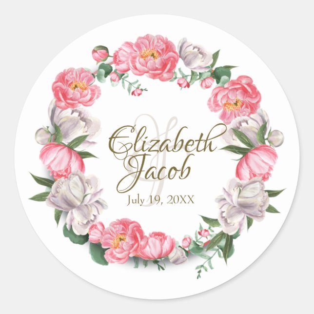 Watercolor pink and white peonies  classic round sticker (Front)
