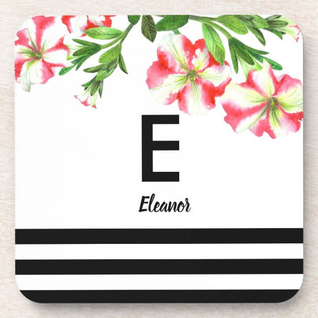 Watercolor Pink and White Petunias Design Coaster (Front)